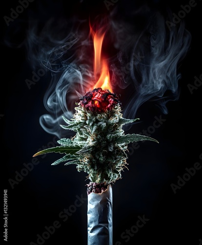 Cannabis Joint with red flamed tip and a cannabis leaf flower sprouting out on black with smoke