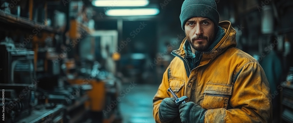 Mechanic with Wrenches in Dark Workshop Setting Repairing Engine and Providing Maintenance Service Mechanic with Wrenches in Dark Workshop Setting Repairing Engine and Providing Maintenance Service