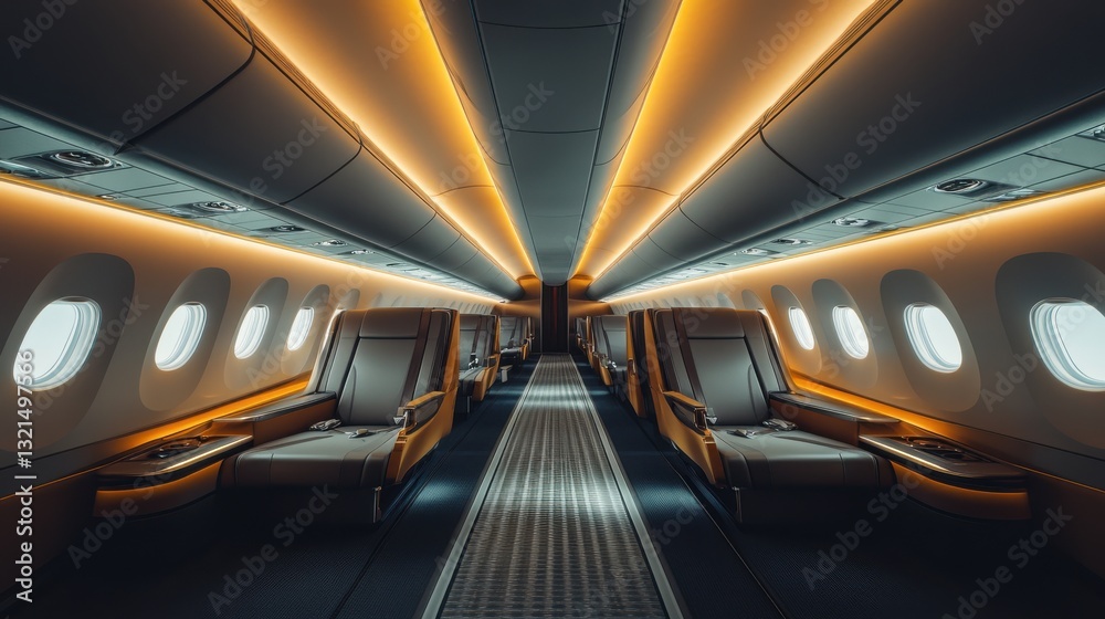 Luxurious airplane interior featuring first-class seating, warm ambient lighting, and spacious design for comfortable air travel. Luxurious airplane interior featuring first-class seating, warm ambient lighting, and spacious design for comfortable air travel.