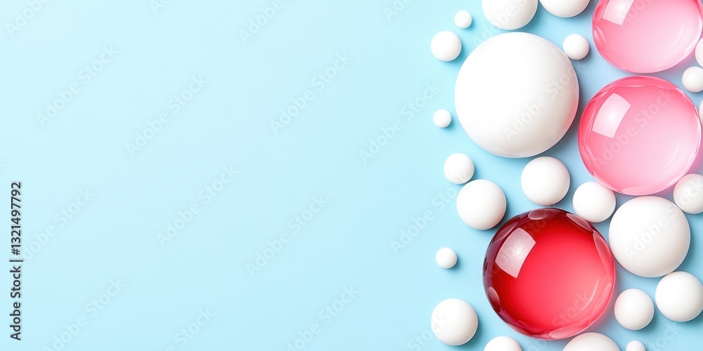 A blue background with a bunch of pink and white spheres. The spheres are of different sizes and are scattered all over the background. Concept of playfulness and creativity A blue background with a bunch of pink and white spheres. The spheres are of different sizes and are scattered all over the background. Concept of playfulness and creativity