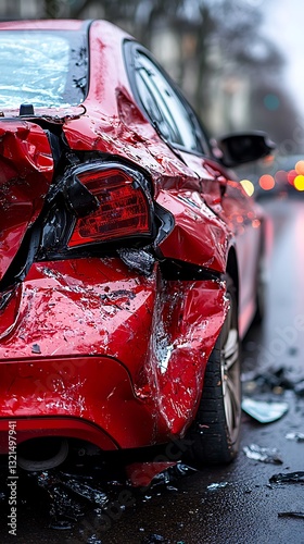 Damaged red car after a collision on a wet road.