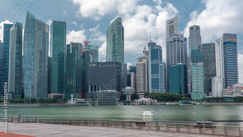 Business Financial Downtown City and Skyscrapers Tower Building at Marina Bay...