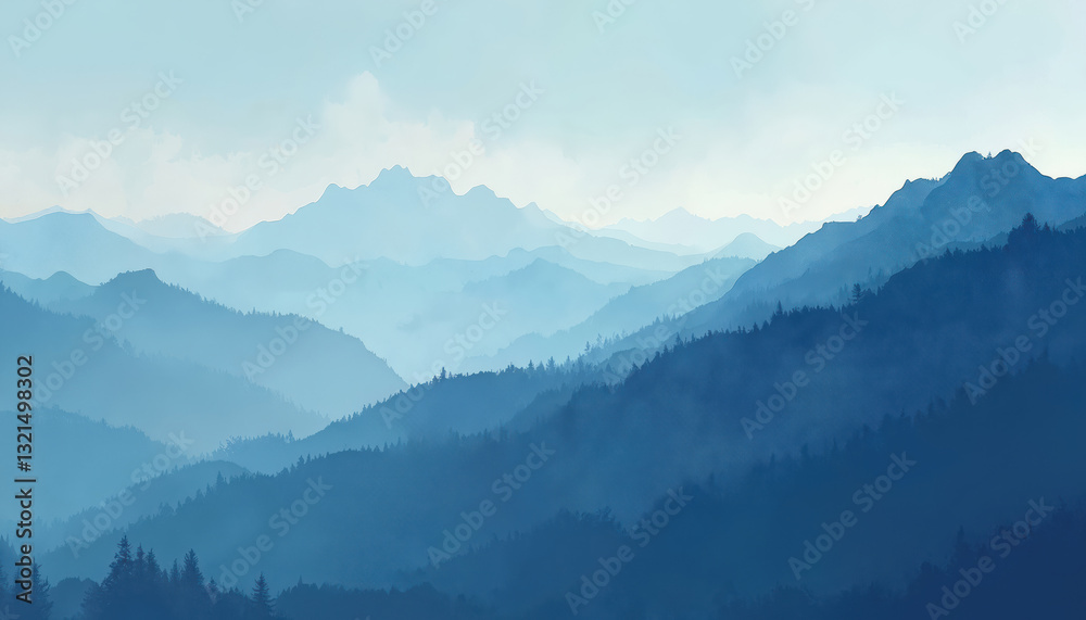 Obraz premium Illustration of blue mountain landscape. Layers of mountains receding into distance create calming panoramic panorama. Serene hills in blue gradient, peaceful background for graphic design wallpaper.