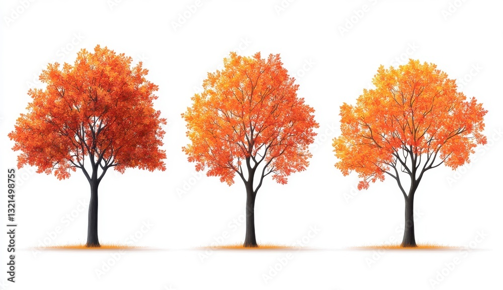 Fototapeta premium Three Autumn Trees Digital Illustration Pixel Art Style Orange Yellow Leaves White Background