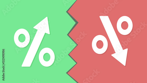 A rising percentage symbol on a green background and a falling percentage symbol on a red background. Image split in two, growth and decline concept. 