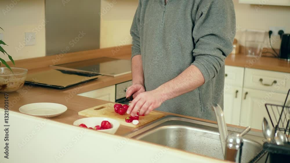 Man slicing fresh radishes on wooden cutting board in kitchen. Male preparing red vegetables for salad or meal. Guy using sharp knife to chop ingredients indoors. Person carefully cutting produce on Man slicing fresh radishes on wooden cutting board in kitchen. Male preparing red vegetables for salad or meal. Guy using sharp knife to chop ingredients indoors. Person carefully cutting produce on