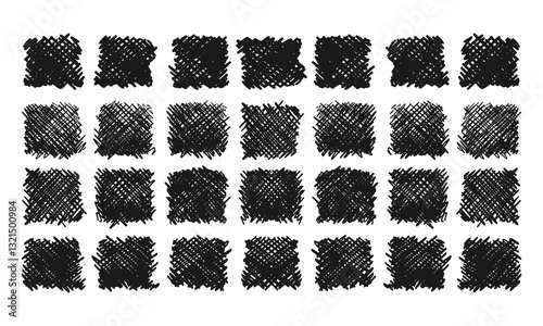 Twenty eight hand drawn squares with various hatched fills. Different hatched background variations. Doodles and squiggles. Vector set