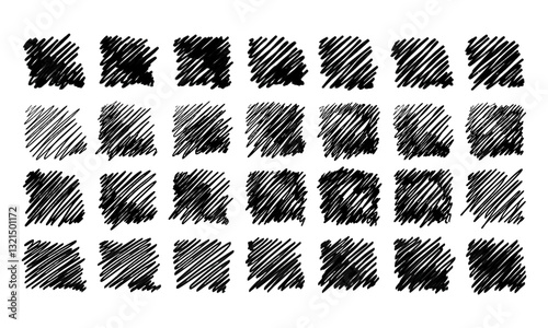 Twenty eight hand drawn squares with varied hatched filling. Doodles and squiggles. Vector set