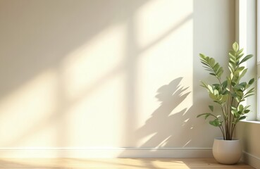 Clean background for online meetings, video calls. Minimalist workspace. Home interior with soft light from window, green plant. Serene, tranquil setup. White wall with shadows, wooden floor. Pro