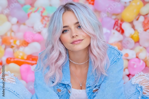 Una joven sonriente con cabello pastel, rodeada de un fondo colorido lleno de dulces y golosinas. photo