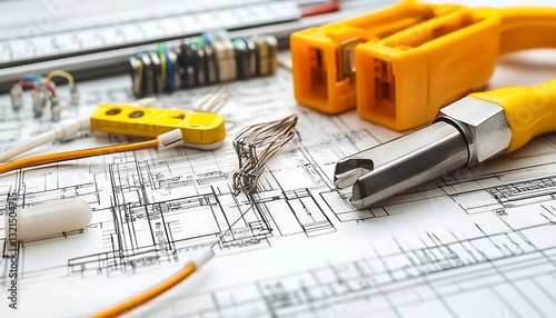 Electrical engineering blueprint with tools.