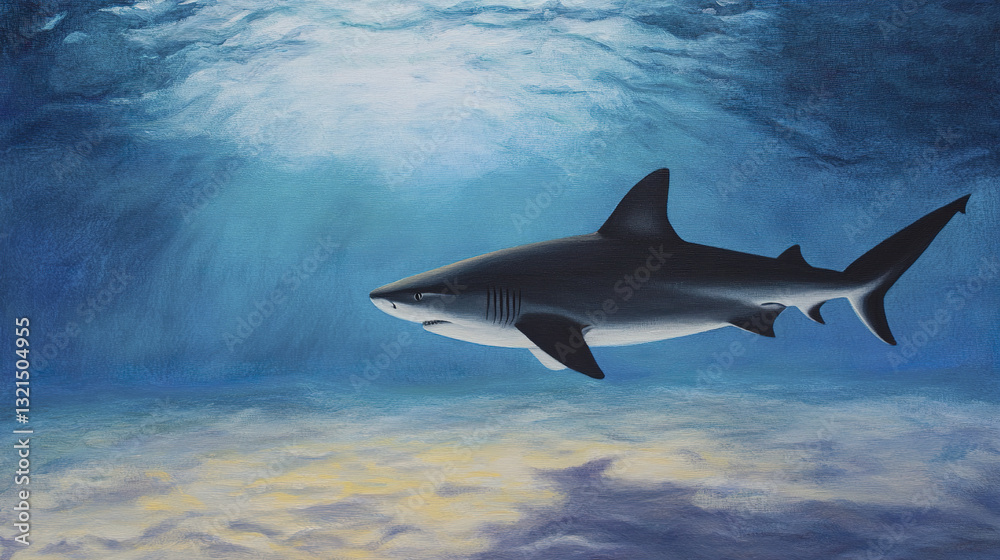 Naklejka premium solitary shark swims over sandy seabed in tranquil waters