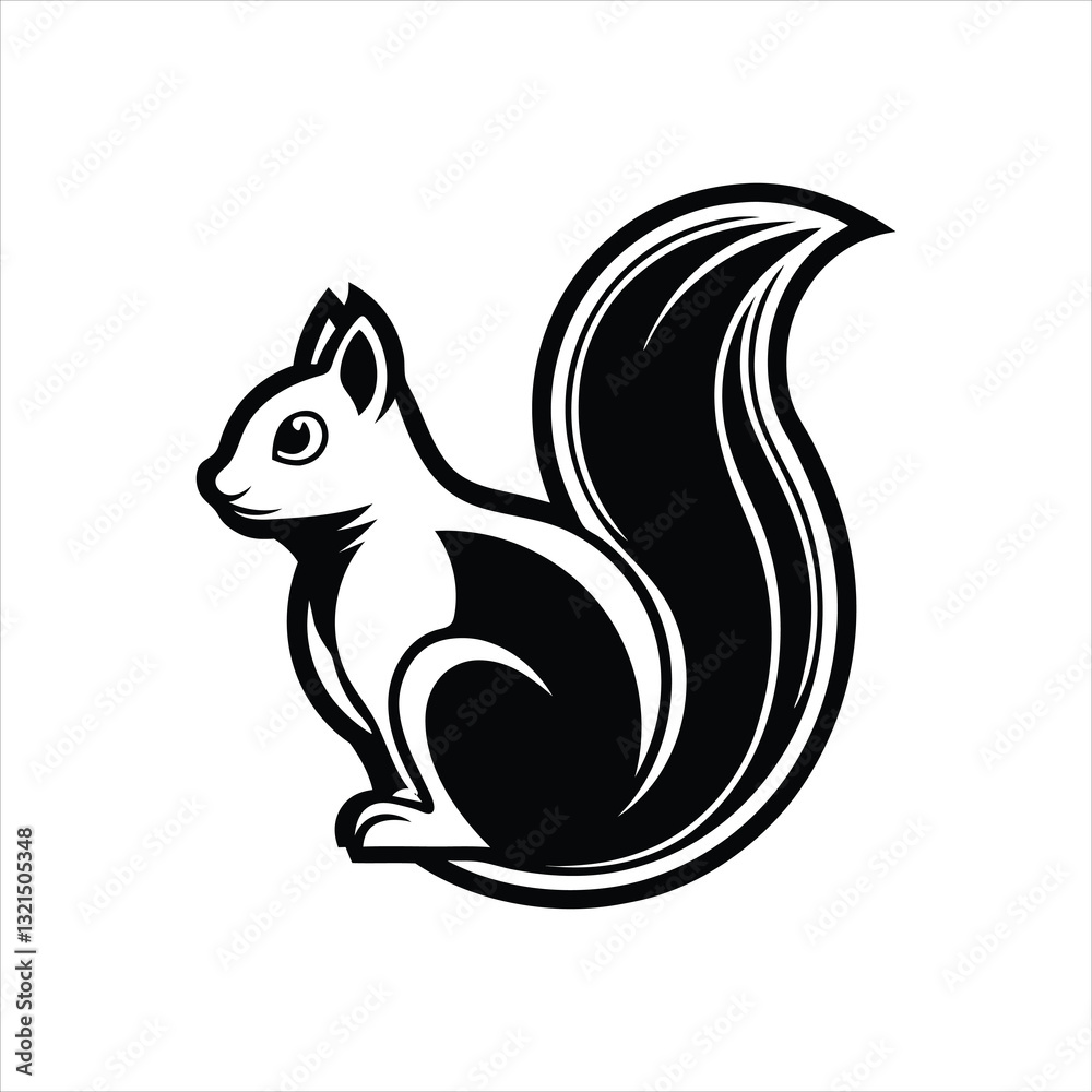 Naklejka premium A black squirrel silhouette, a wild mammal icon, or a vector drawing of a squirrel with a nut