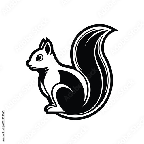 A black squirrel silhouette, a wild mammal icon, or a vector drawing of a squirrel with a nut