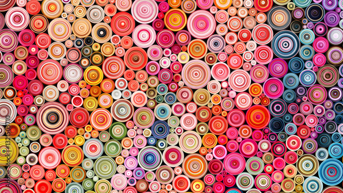 Colorful paper quilling art. Lively background with rolled paper made from twisted strips. Vibrant circles created using the quilling technique. Paper filigree hobby concept. Vector illustration