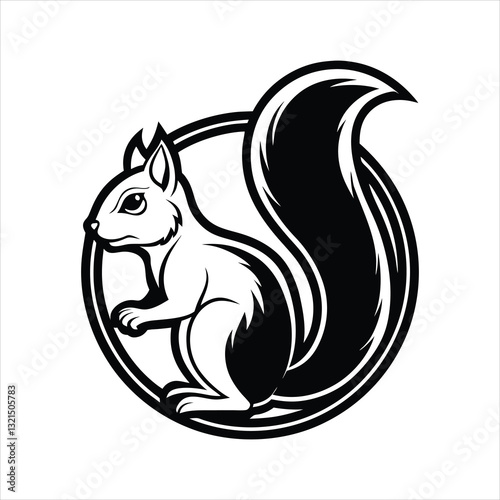 A black squirrel silhouette, a wild mammal icon, or a vector drawing of a squirrel with a nut