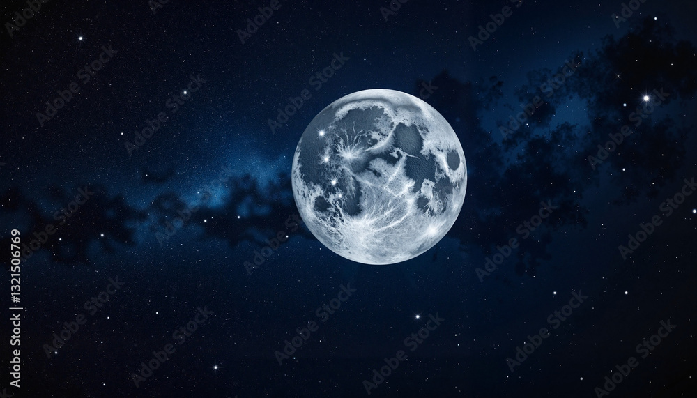 Obraz premium Luminous full moon amid sparkling stars in deep space, cosmic beauty