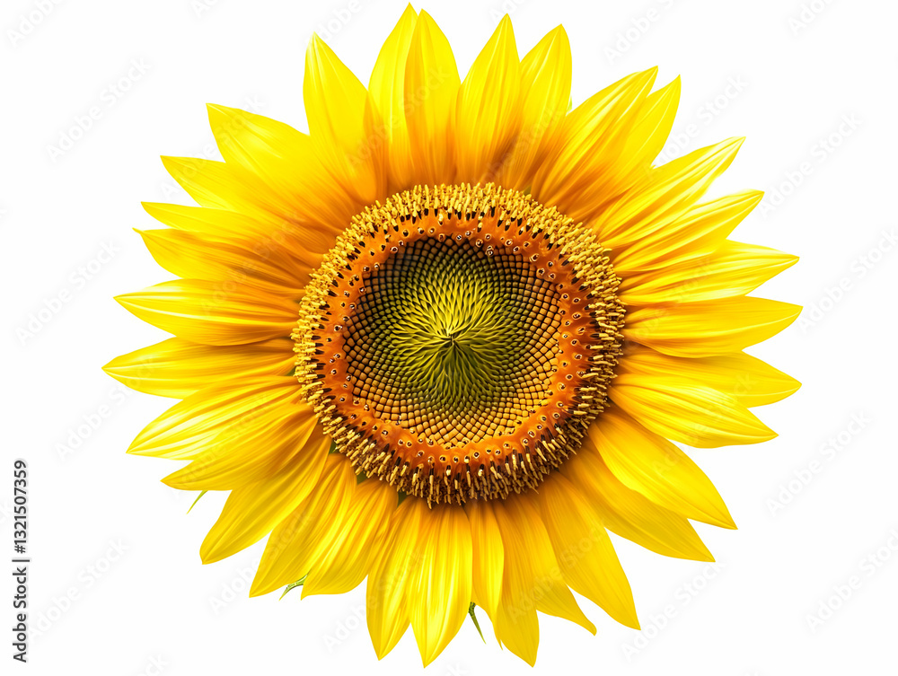 Fototapeta premium A vibrant sunflower with a radiant yellow hue, showcasing its intricate seed pattern at the center.