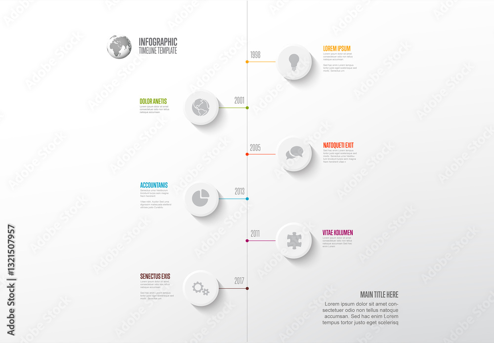 Infographic vertical Timeline Template design with circular button Milestones
