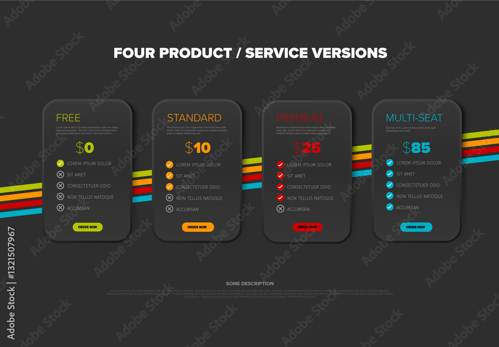 Dark Template with four subscription product options - free, standard, proffesional, multi seat team with features lists
