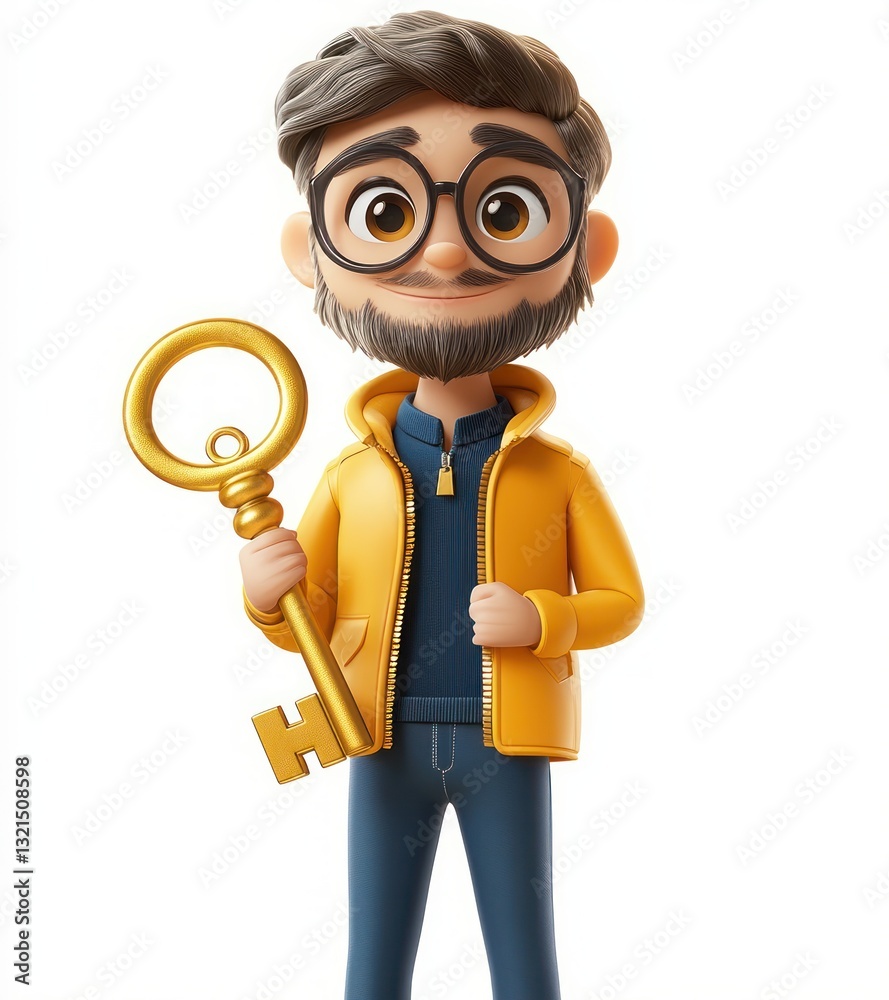 3D Cartoon Character with Golden Key for Success and Security 3D Cartoon Character with Golden Key for Success and Security