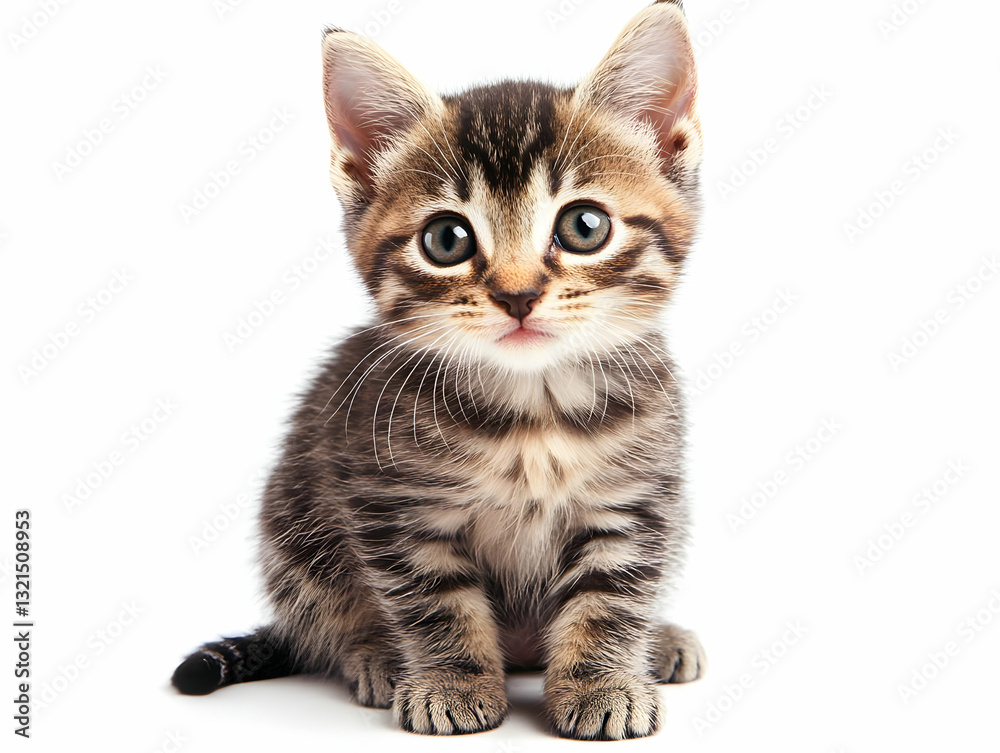 Fototapeta premium Cute tabby kitten sitting, looking directly at the camera with big expressive eyes and fluffy fur.