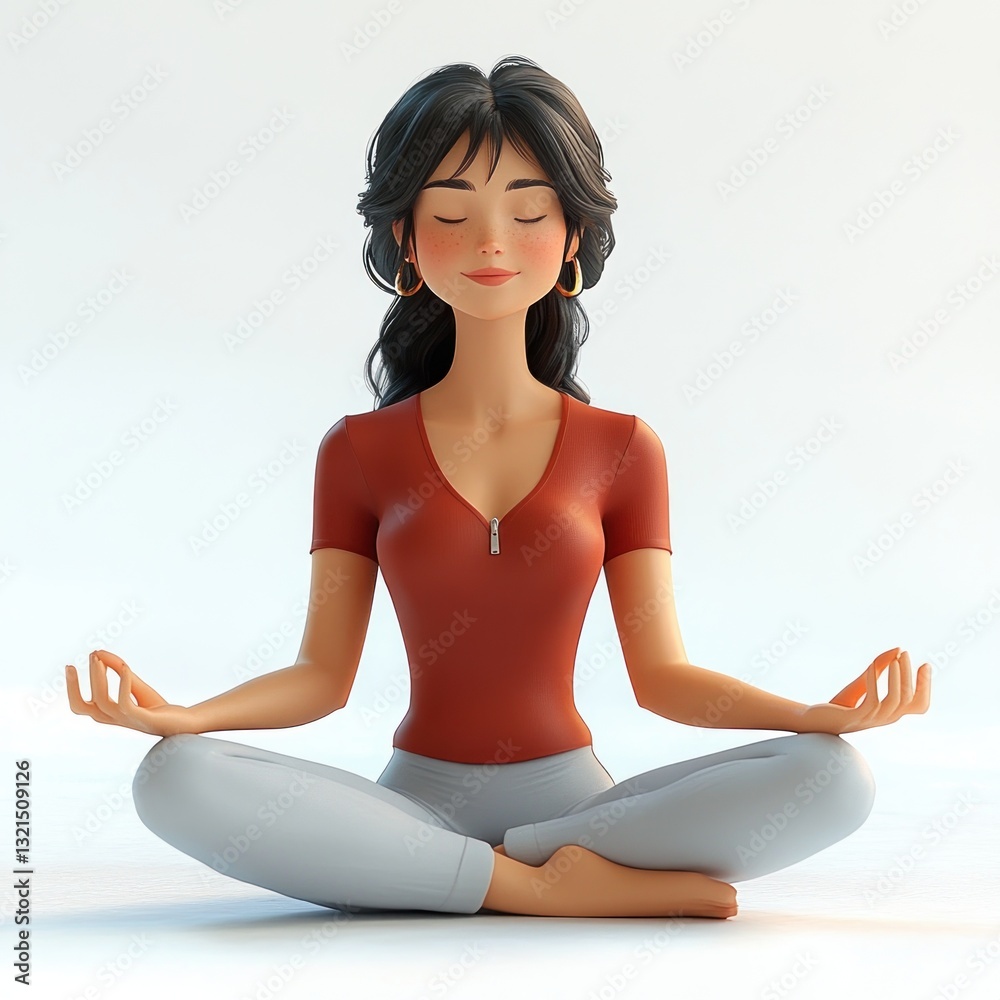 3D woman meditating in cross-legged lotus position casual attire 3D woman meditating in cross-legged lotus position casual attire