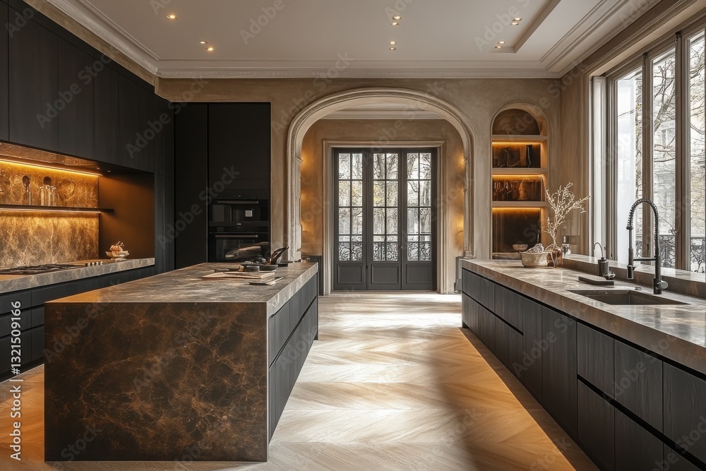 Fototapeta premium Elegant kitchen featuring dark cabinetry marble countertops herringbone floors and natural light from large windows Modern design