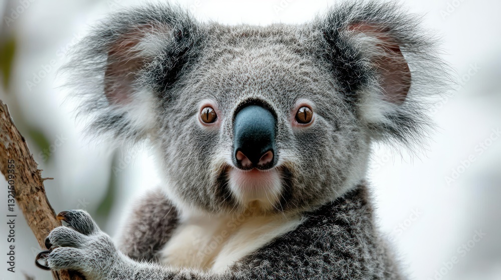 Naklejka premium Hyper-realistic portrait of an adult koala on a white background in natural lighting