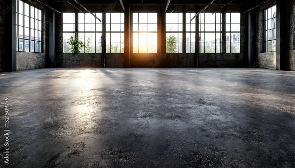 Sunlit industrial loft interior vast open space with large windows and city view Polished concrete floor Sunlit industrial loft interior vast open space with large windows and city view Polished concrete floor