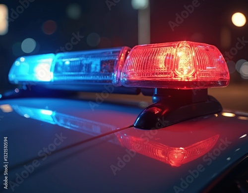 Illustration of police car lights, red and blue emergency blinker. Emergency vehicle lighting at night. LED flasher on patrol car. Law enforcement during mission, investigation or pursuit.