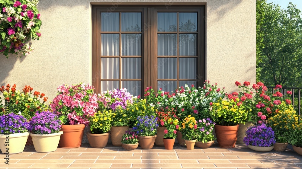Fototapeta premium A vibrant display of potted flowers on a sunny balcony.