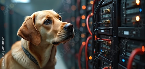 Labrador dog looks at server hardware in datum center. Wires, cables connect mainframes in server rack. Doggy near information tech, network, cyber system, electronic equipment, modern techie