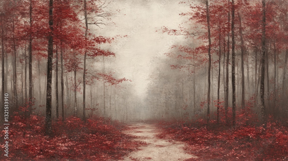 Obraz premium Misty red autumn forest path