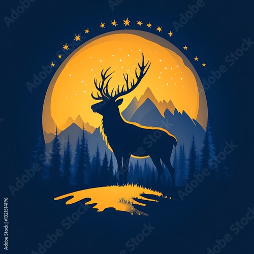 Silhouette of Majestic Deer in Forest Under Starry Moonlit Sky photo