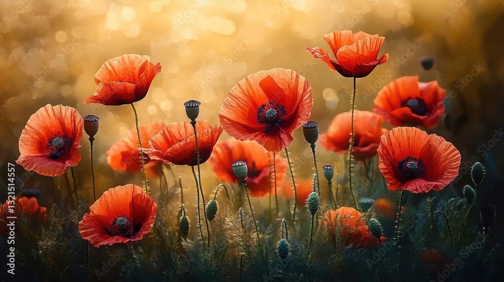 Fototapeta premium Red poppies blooming in a serene field with golden backlighting and soft bokeh