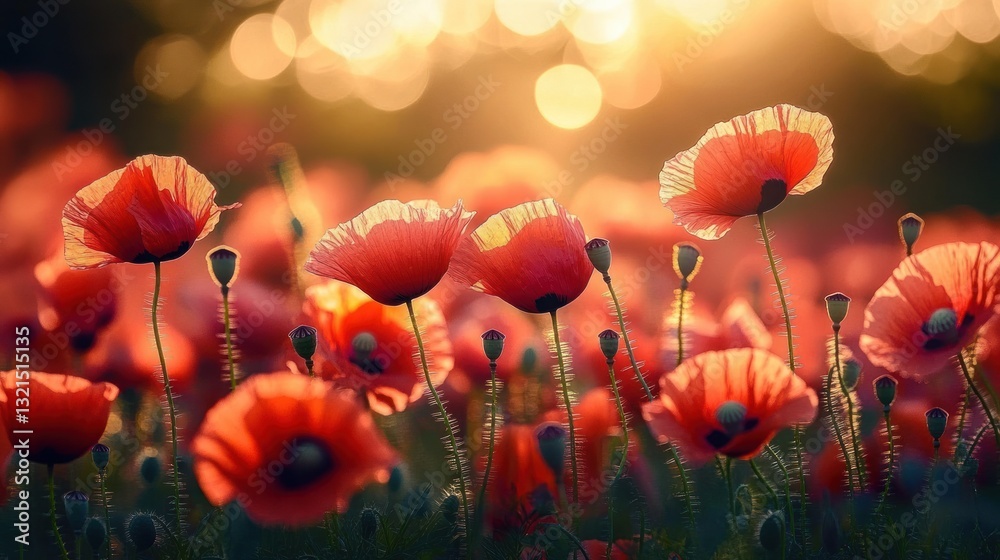Obraz premium Vibrant Red Poppies in a Blooming Field with Backlit Bokeh Lighting