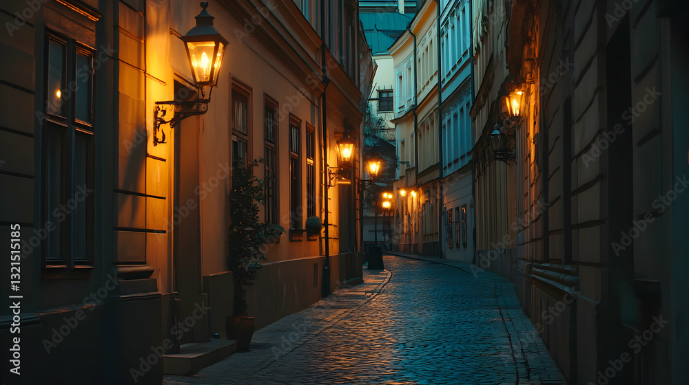 Illuminated cobblestone pathway in an old european town with vintage architecture and lanterns Illuminated cobblestone pathway in an old european town with vintage architecture and lanterns