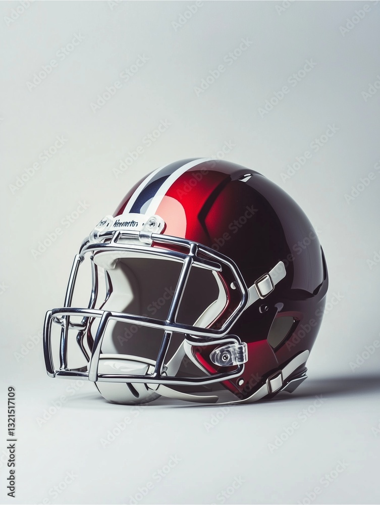 Fototapeta premium American Football Helmet: A close-up shot of a gleaming maroon and silver American football helmet. The helmet sits against a plain backdrop.