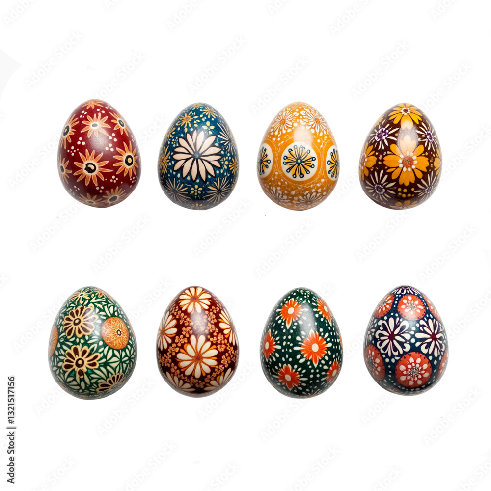 a set of 8 beautifully decorated Easter eggs placed on a isolated white background in two rows a set of 8 beautifully decorated Easter eggs placed on a isolated white background in two rows