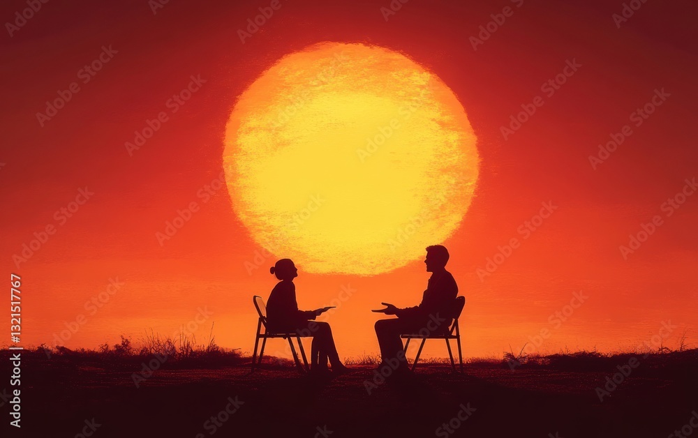 Naklejka premium Teacher and Student Silhouette at Sunset Education Concept Illustration