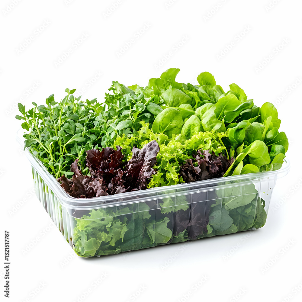Fresh mixed greens in a plastic container, perfect for healthy recipes and salads. Fresh mixed greens in a plastic container, perfect for healthy recipes and salads.