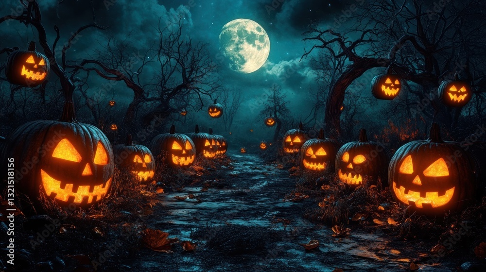Spooky Halloween Night Scene with Jack-o'-lanterns Dark Forest Full Moon Spooky Halloween Night Scene with Jack-o'-lanterns Dark Forest Full Moon