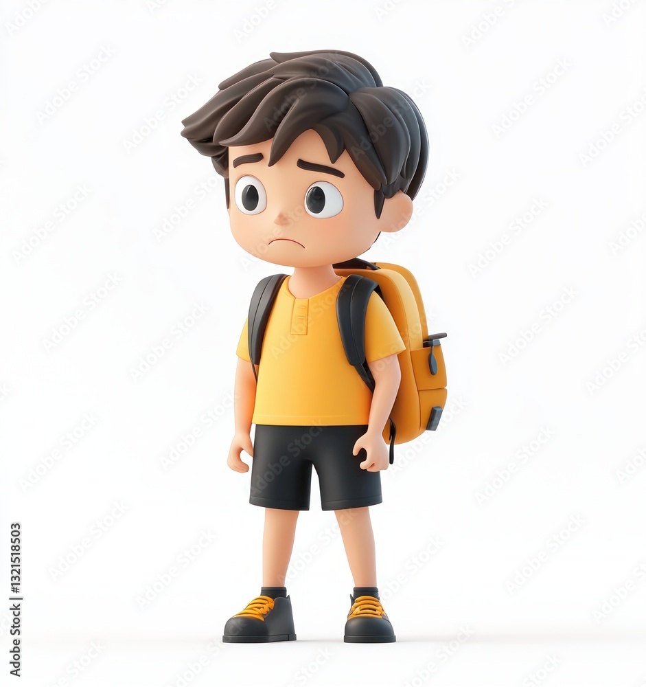 3D Render of Sad Young Boy with Backpack in Yellow Shirt and Black Shorts Walking Alone 3D Render of Sad Young Boy with Backpack in Yellow Shirt and Black Shorts Walking Alone