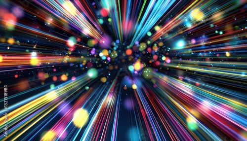 Wallpaper Mural Dynamic and Futuristic Abstract Scene: Ideal for Expressing Technology, Future, or Celebration Themes, Conveying an Atmosphere of Innovation and Energy. Multicolored Light Rays and Spots Intertwined o Torontodigital.ca