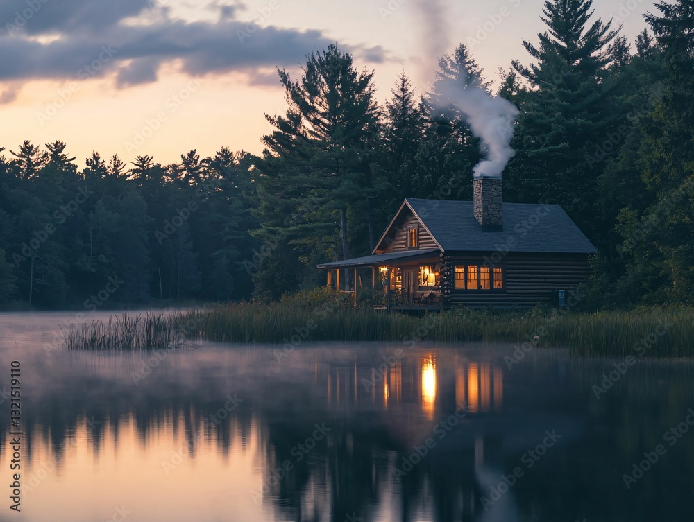 Fototapeta premium Lakeside Cabin at Dusk