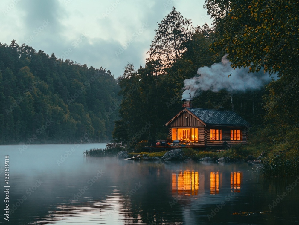 Fototapeta premium Lakeside Cabin at Dusk