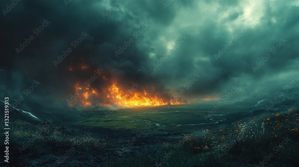 Dramatic Landscape with Fire and Stormy Sky, Creating a Sense of Apocalypse Dramatic Landscape with Fire and Stormy Sky, Creating a Sense of Apocalypse