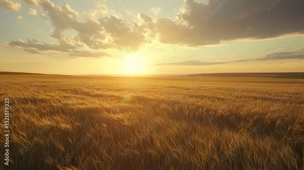 Fototapeta premium Golden wheat field landscape with warm sunlight illuminating the crops and cloudy sky view