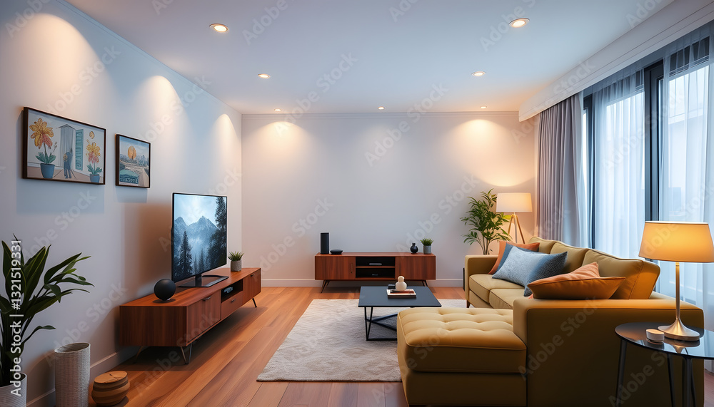 Fototapeta premium Modern living room with TV in apartment, retro style. White tone